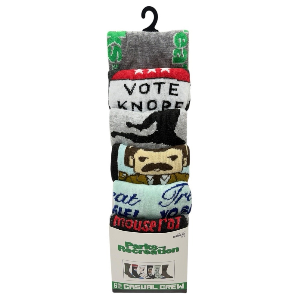 PARKS & REC RECREATION CASUAL CREW SOCKS 6 PACK SHOE SIZE 8-12 RON SWANSON NEW